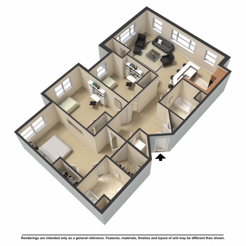 Three bedroom, two bathroom rendering